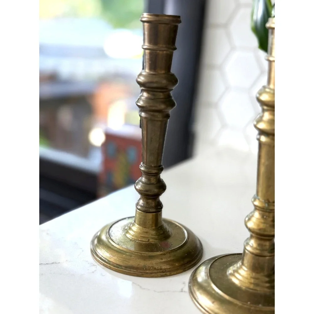Vintage Pair Solid Brass Taper Candle Holders Spindle Style Made in Hong Kong